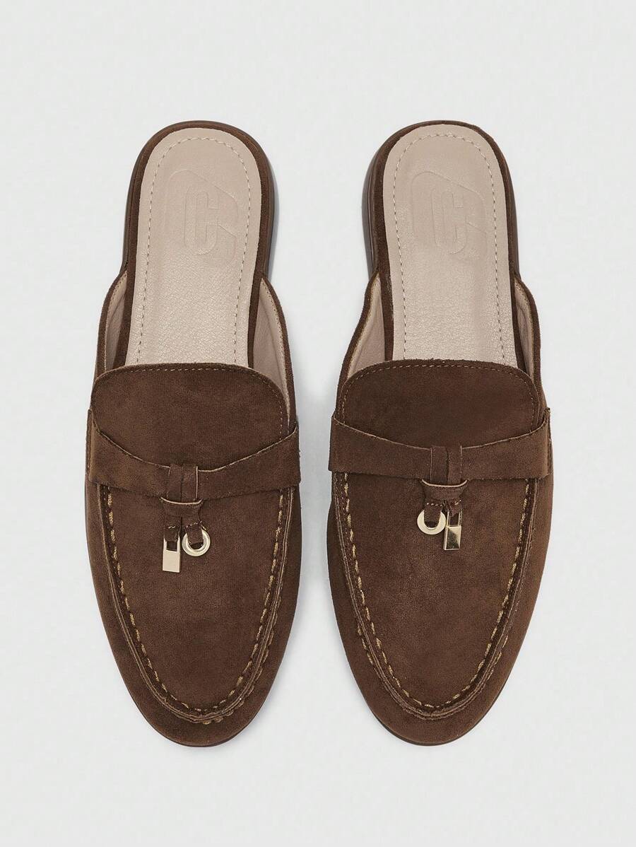 CUCCOO BIZCHIC 女士时尚咖啡色绒面革舒适通勤平底穆勒便鞋，适合户外、工作、休闲日常穿着 - 咖啡棕 - 查看 1