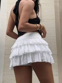 SHEIN EZwear 女式夏季白色荷叶边下摆圆形细节迷你裙 - 白色 - 查看 2