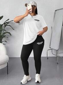 SHEIN EZwear 大码夏季休闲字母印花短袖T恤和紧身裤两件套 - 黑與白 - 查看 12