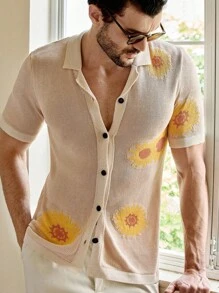 Manfinity VCAY Cárdigan de punto de manga corta ajustado para hombre con diseño jacquard calado, suéter de punto de otoño, camisa floral de verano para hombre, camisa floral abotonada para hombre, camisa floral de punto para hombre, camisa de girasol para hombre - Albaricoque - Ver 1
