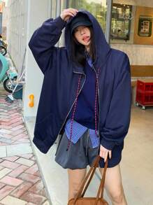 DAZY 女士纯色休闲连帽长袖外套，韩版女式大衣 - 藍色 - 查看 8