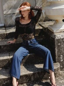 lacRébo Women Casual Mid-Wash Flared Cotton Denim Jeans Going Out Outfits Chic Outfits Autumn Winter