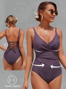 Shapewave Women's Sexy Adjustable Strap One-Piece Swimsuit With Removable Padded Bra Tummy Control Push Up Swimsuit Vacation For Summer - Mauve Purple - View 3