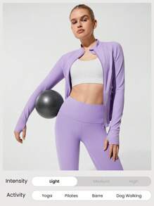GLOWMODE FeatherFit™ Sculpt It 吸汗弹力紧身胸衣接缝塑形修身夹克带拇指孔拉链保护低冲击瑜伽普拉提 Barre Studio 日常休闲服 - 紫丁香色 - 查看 6