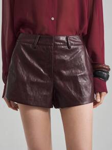 Ontre 极简优雅拼接2025新款女士短裤，酒红色，PU材质，低腰，休闲/商务，秋季日常服饰，优雅短裤 - 酒紅色 - 查看 7