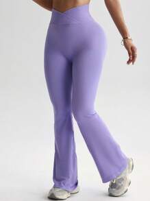 Easithlete 女士纯色不对称腰带喇叭运动裤，无缝