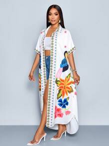 SOLERSUN Women's Elegant Hot Selling Fashion Autumn Tropical Floral Print Design Casual/Commuter Ladies Batwing Sleeve Blouse With Front Buttons, A-Line Loose High-Low Hem Blouse - White - View 6