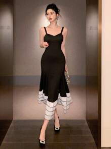 DAZY Elegant Square Neck Sleeveless Mermaid Hem Midi Dress For Women