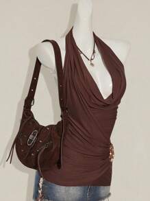 SHEIN ICON Damen Wasserfallausschnitt Metallbesatz Offener Rücken Neckholder Top Braun Neckholder Top Braun Wasserfallausschnitt Top Braun Top Braun Kleidung