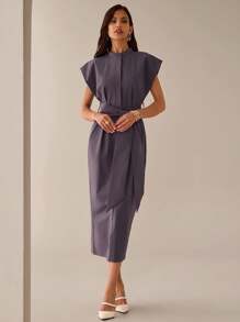 Lilora 灰色抗皱无袖衬衫裙，配有领带、腰带和口袋，适合度假、约会、街头、通勤、春夏季休闲装