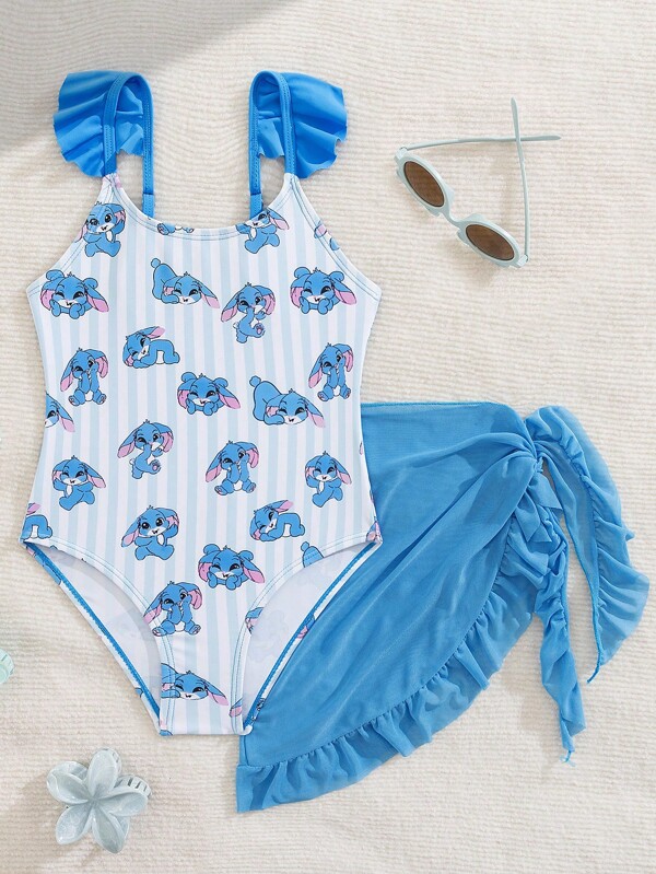 Traje de baño de una pieza con estampado de conejo tejido, tirantes y diseño de volantes, para niñas, de moda y adorable para vacaciones, natación y playa de verano