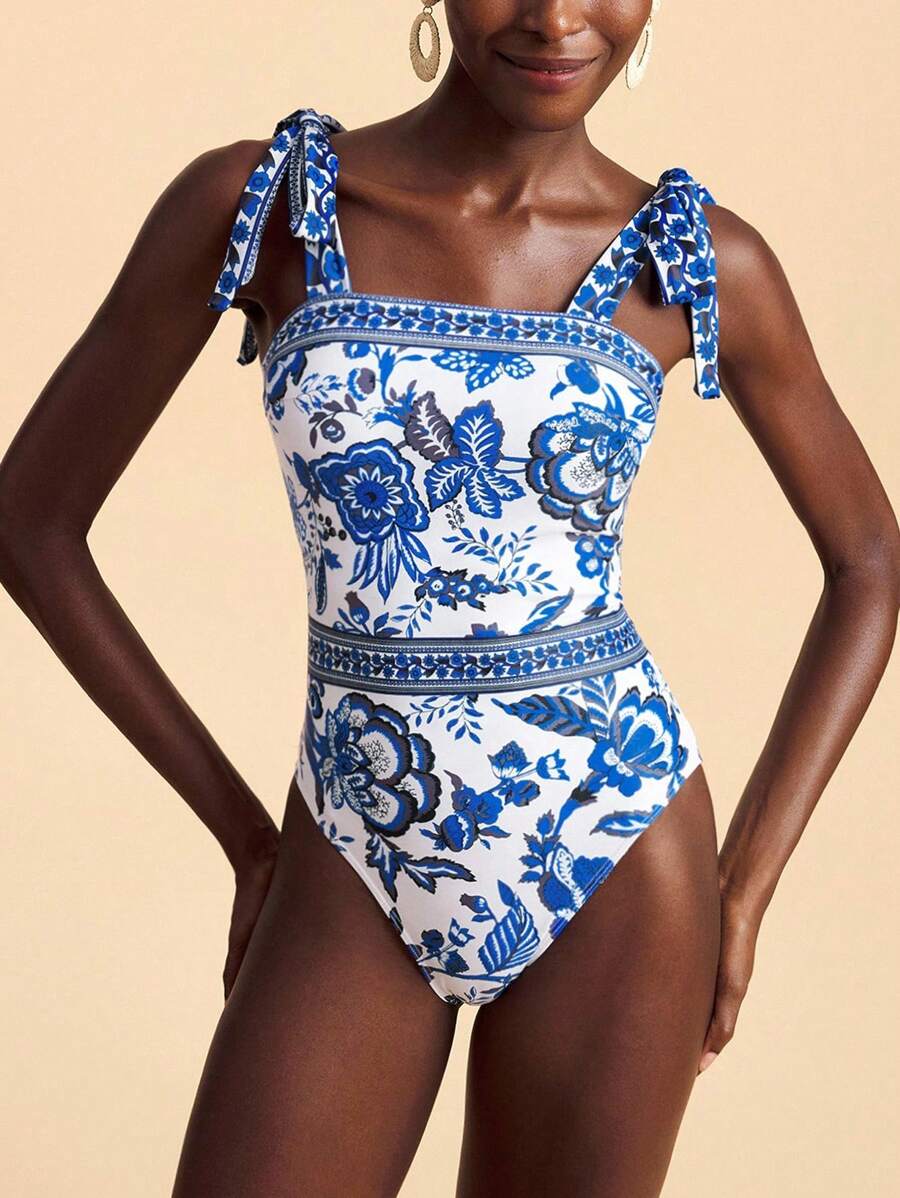 Travachic Casual Blue Botanical Print One-Piece Swimsuit With Knot-Tied Straps For Women Floral One Piece Swimsuit Tie Shoulder One Piece Swimsuit Blue And White One Piece Swimsuit Modest One Piece Swimsuit Takini Swimsuit - Blue and White - View 1