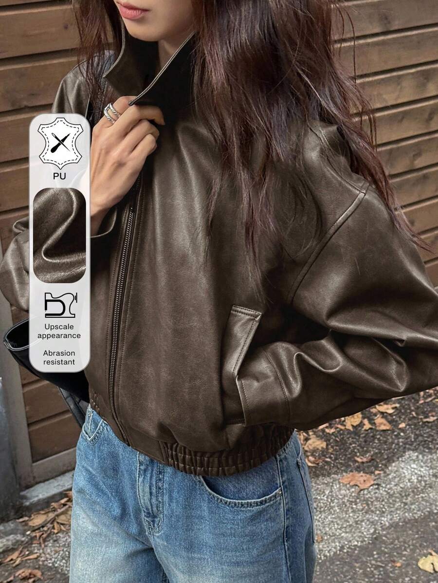 DAZY New Spring Distressed Leather Jacket Short Jacket Women, Regular Fit, Suitable For Valentine's Day Fall,Winter - Brown - View 1