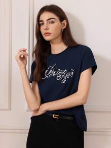 Briarwyn Women's Casual Round Neck Faux Pearl Beaded Alphabet Pattern Short Sleeve T-Shirt, Summer,Fall Women Clothes,Old Money Style Women,Vacation Outfits Woman - Navy Blue - View 7