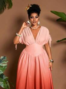 Maweii 优雅渐变印花设计系腰V领A字形休闲主教袖长裙，女式加大码，适合度假、海滩、音乐节、春夏季 - 彩色 - 查看 4