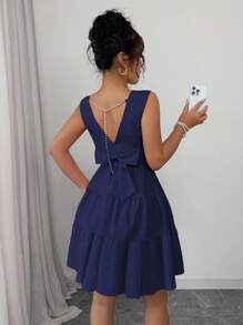 Elenzga 女士优雅纯色珍珠链蝴蝶结装饰连衣裙 - 寶藍色 - 查看 5