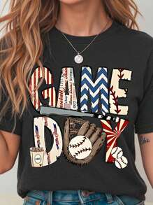 SHEIN LUNE Áo thun tay ngắn in chữ bóng chày cỡ lớn thường ngày, mùa hè - Màu xám đen - Xem 3