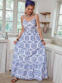 LanaWest 女士休闲镂空刺绣吊带拼布下摆修身连衣裙 - 藍白色 - 查看 5