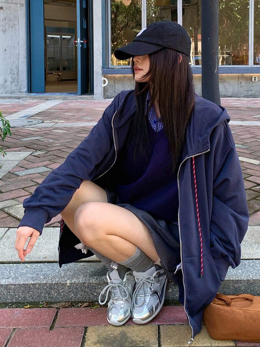 DAZY 女士纯色休闲连帽长袖外套，韩版女式大衣 - 藍色 - 查看 1