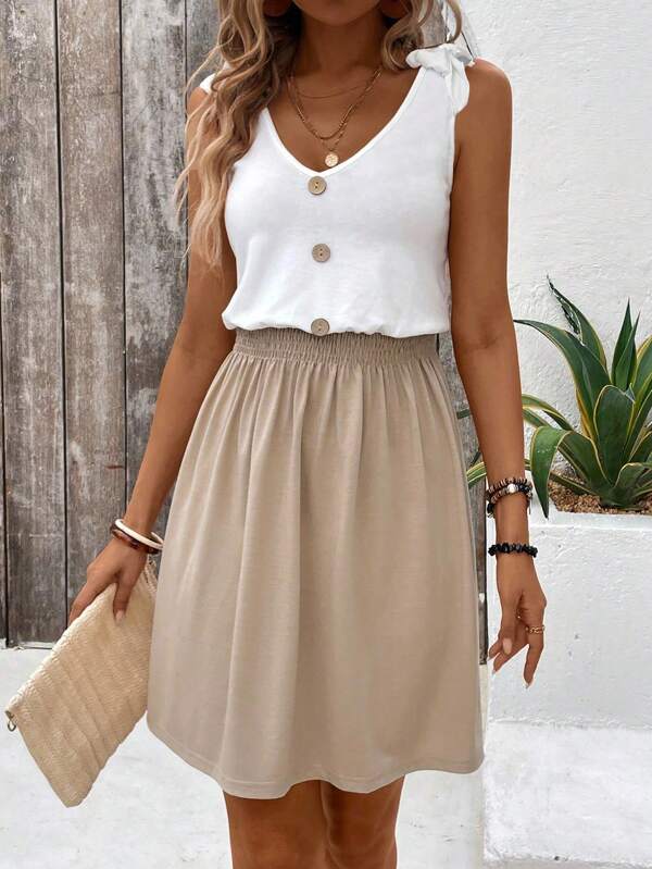 SHEIN LUNE Summer Casual Color Blocking Button Decor Waist Tie Wrap Dress
