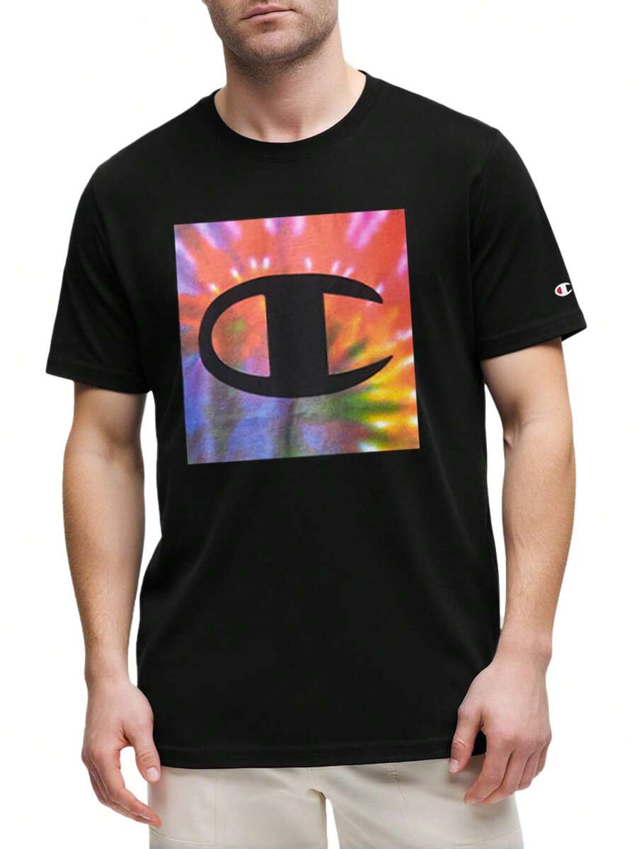 Champion 男士休闲扎染印花短袖T恤，夏季 - 黑色 - 查看 1