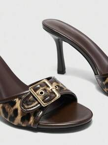 CUCCOO BIZCHIC Women's Brown Leopard Print & Gold Buckle Decor Retro Round Toe Comfortable High Heel Mule Sandals For Christmas - Brown - View 3