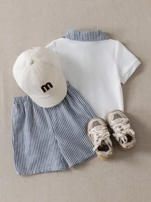 PrepCrw 男婴两件套 Polo 领小熊图案 T 恤和条纹短裤套装，学院风 - 彩色 - 查看 2