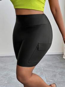 SHEIN PETITE CURVE Pantalones informales de calle, con bolsillos tridimensionales, cintura ancha, ajuste ceñido, pantalones de ciclismo, shorts elásticos de cuero tejido para mujeres, para el verano, adecuados para personas de estatura talla grande baja - Negro - Ver 3
