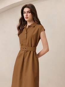 BizChic 棕色 Polo 领半拉链腰带设计侧袋连衣裙，优雅都市通勤日常浪漫 90 年代复古风，适合圣诞节、新年、情人节、派对、海滩、毕业典礼等场合，百搭简约，浪漫百搭，适合婚礼宾客、主人、约会、派对、音乐会、早午餐、机场等多种场合。 - 棕色 - 查看 5