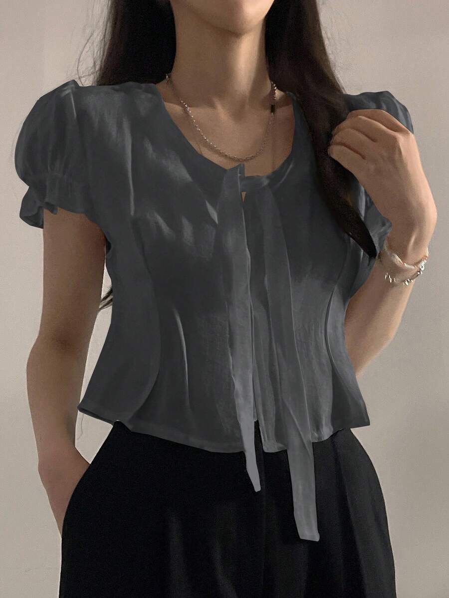 DAZY Women's Summer Casual Solid Color Knotted Neck Puff Sleeve Fitted Blouse