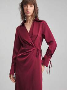 Ontre 2025新款秋季女装酒红色长袖系带领V领收腰宽松休闲通勤商务中长连衣裙，女士商务休闲连衣裙，女士优雅装 - 酒紅色 - 查看 5