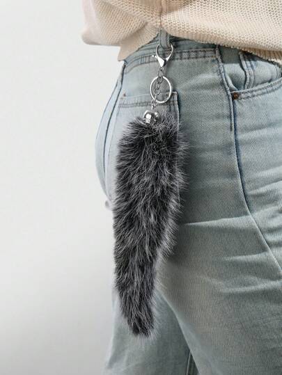 Grunge Punk 1 pieza Accesorio de moda retro Y2K personalizado, elegante y cool, con degradado de negro a blanco de piel sintética en forma de cola de animal, llavero, accesorio de bolso DIY para mujer, adecuado para uso diario, regalo de vacaciones