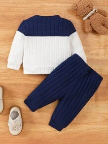 SHEIN Set de 2 piezas de body y pantalón para bebé recién nacido de manga larga con cuello redondo, botones en el hombro, bolsillo, rayas multicolor y cintura elástica, adecuado para primavera/otoño/invierno