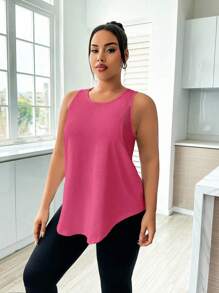 Easithlete 大码女式简约纯色拼接透气网眼弧形下摆运动背心 - 紅色 - 查看 6