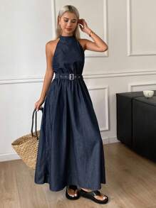 Livesso Western Cowgirl Sleeveless Cinched Waist A-Line Midi Skirt Casual Holiday Denim Dress For Women, Summer