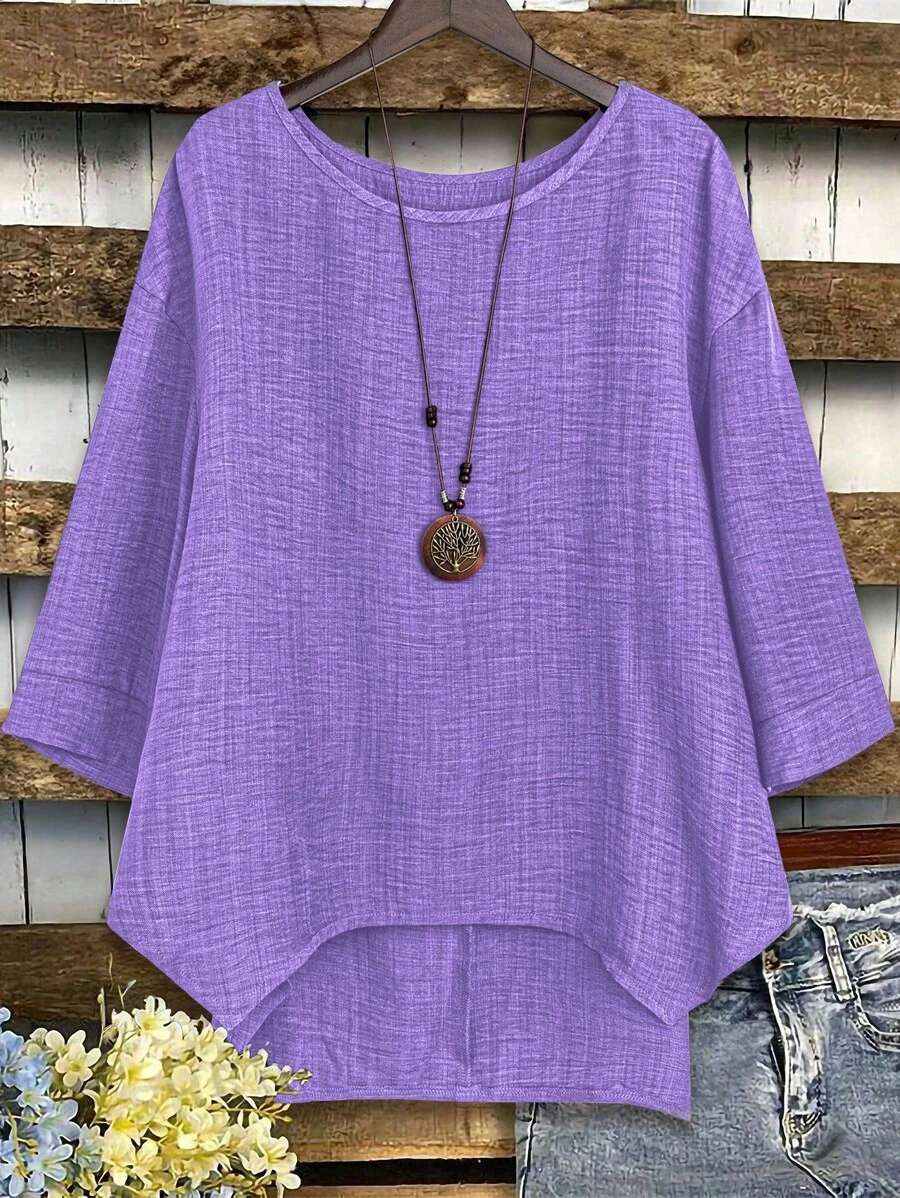 Linhara 加大码纯色圆领落肩不对称下摆衬衫