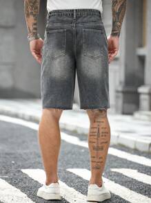 Manfinity Homme Men's Casual Denim Shorts With Frayed Edges Pocket & Contrast Color - Grey - View 2