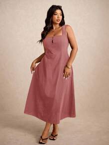 Elaquor Đầm mùa hè không tay cổ vuông màu trơn cỡ lớn đa năng dây rộng - Bụi hồng - Xem 6