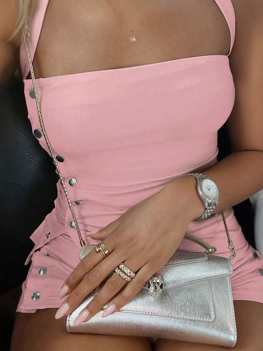 SHEIN SXY 2 件套女士纯色上衣和短裤套装，夏季时尚 - 粉色 - 查看 1