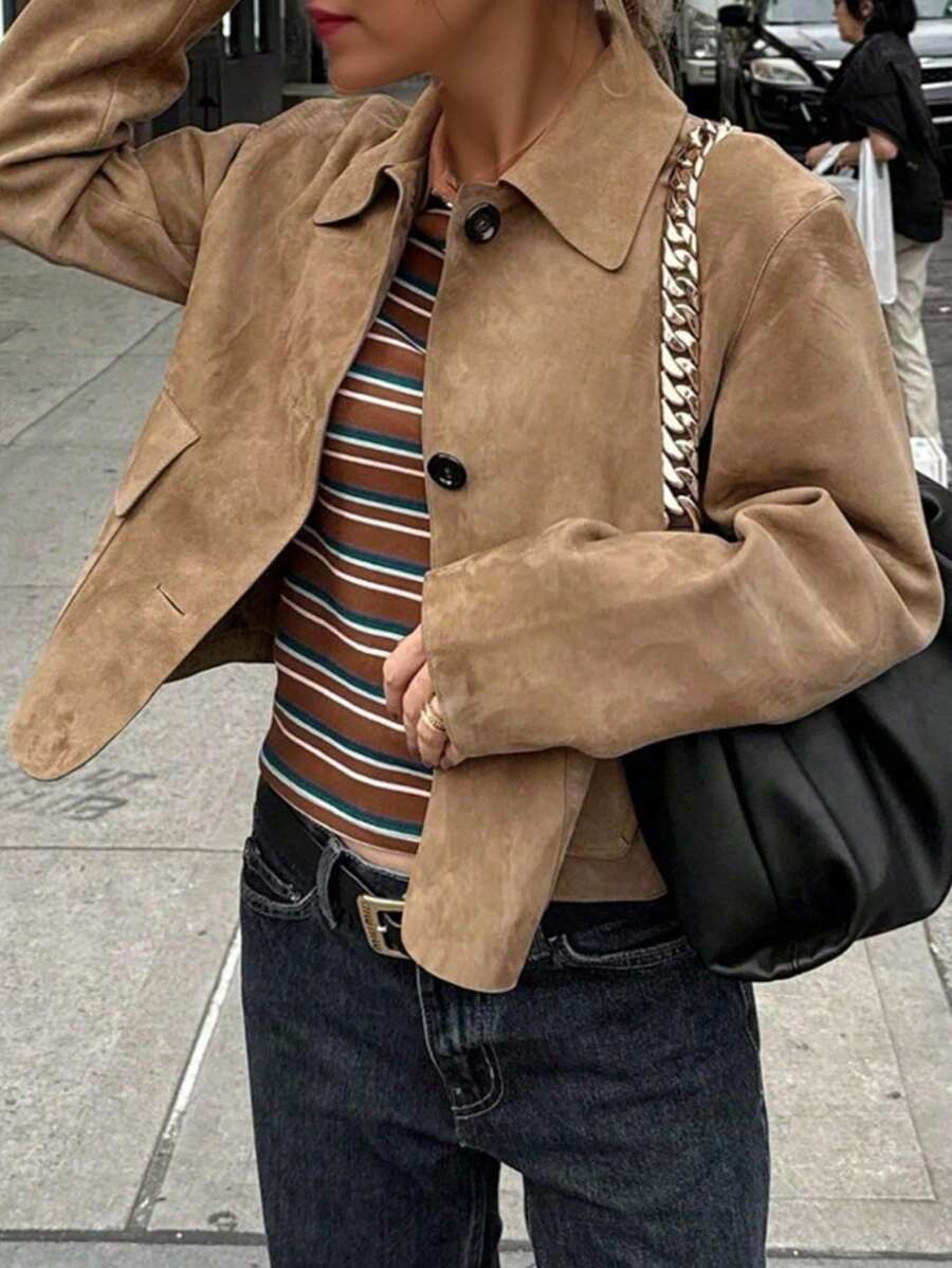 INAWLY Faux Suede Long Sleeve Single Breasted Loose Casual Jacket Fall Winter Cloth For Women Autumn