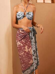 Swim Oasis 3件套女士海滩度假双面印花抹胸比基尼套装（含长款罩衫） - 彩色 - 查看 3