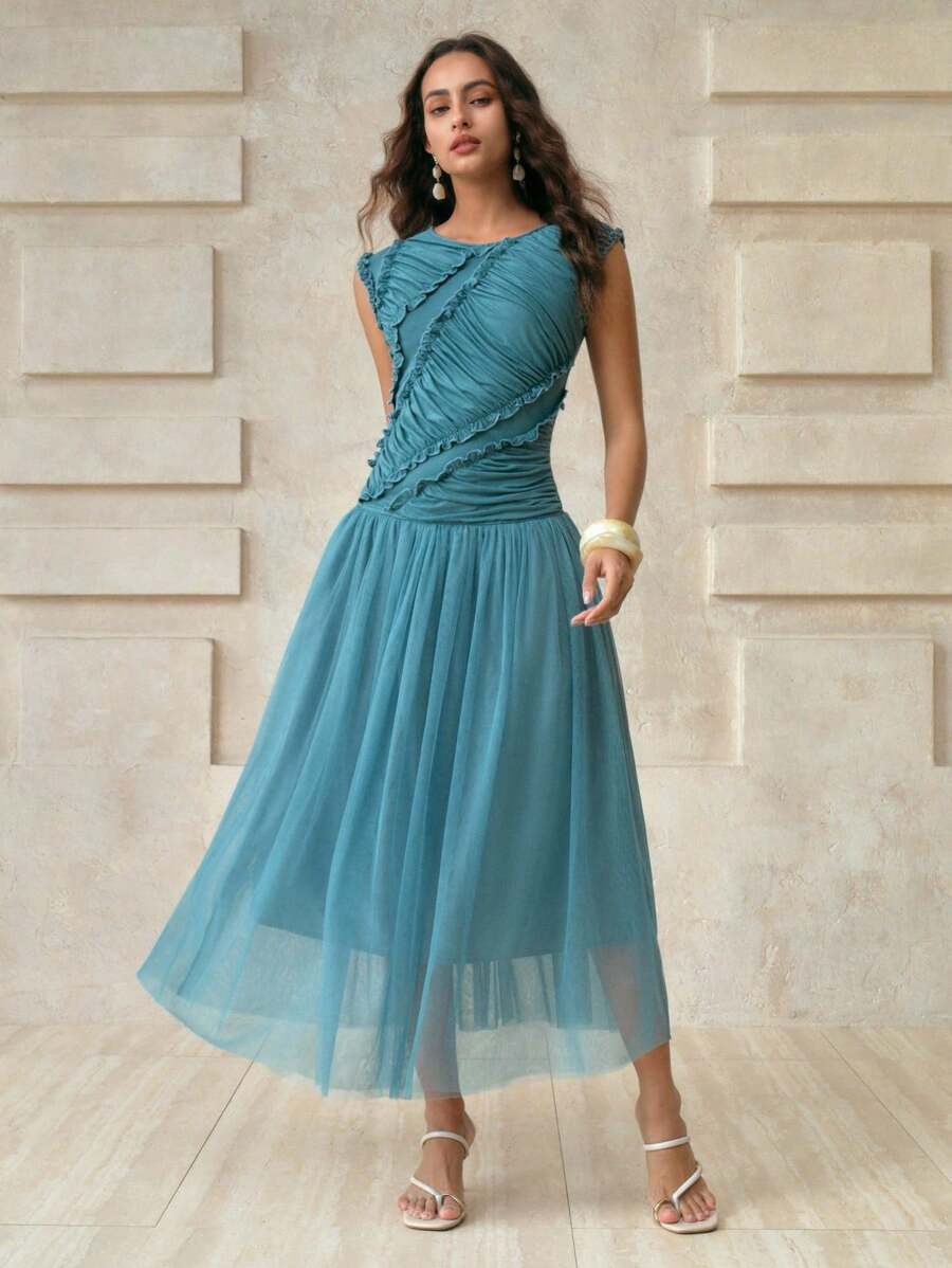 Aveloria 女士无袖褶皱宽肩不对称剪裁褶皱拼接网纱下摆长裙度假风女士沙滩装女士教师装乡村演唱会装度假装巡航装女士夏装 - 霧霾藍 - 查看 1