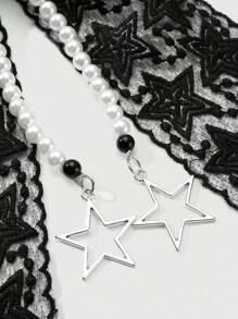 ROMWE Kawaii 1pc Handmade Vintage Goth Style Beaded Keychain/Bag Charm With White Faux Pearl, Black Beads, Hollow Stars, Tulle & Bow, Unique Gift For Women, Girls - Black and White - View 7