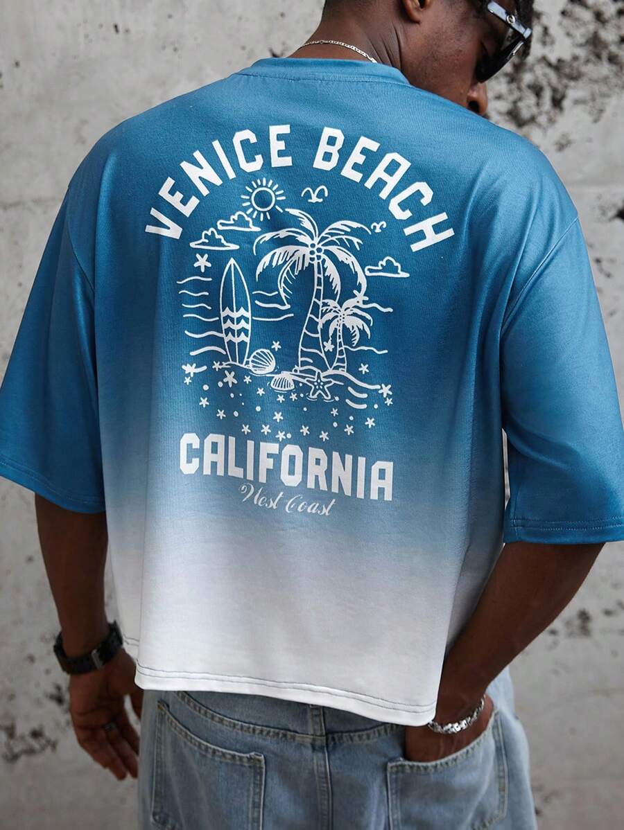 Manfinity Hypemode T-shirt casual d'été pour hommes à imprimé tropical dégradé, Top de plage - Multicolore - Voir 1
