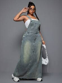 SHEIN EZwear Plus Size Women Summer Casual Loose Pocket Denim Jumpsuit Dress,Back To School