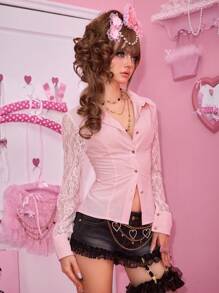 ROMWE J-Fashion Áo sơ mi nữ Vintage Gyaru Shinjuku Gyaru ren chắp vá kẻ sọc hở lưng gợi cảm phụ kiện trang trí kim loại - Hồng - Xem 6