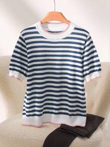 CosyJoli Plus Size Casual Round Neck Color Block Striped Short Sleeve Knit Top