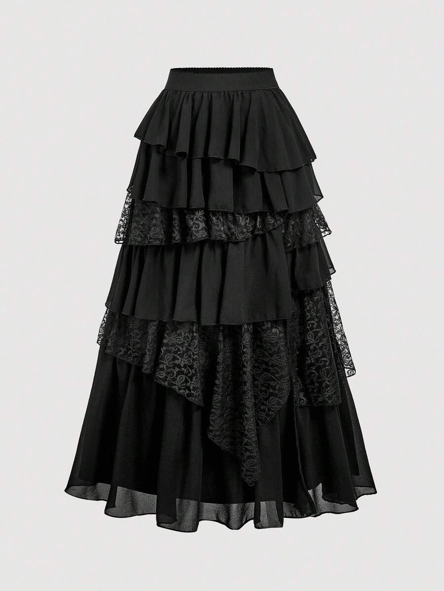 SHEIN MOD Sự thanh lịch theo phong cách Boho-Western: Chân váy Maxi ren và voan bồng bềnh thập niên 70 màu đen - Người bạn đồng hành dễ dàng cho những buổi dã ngoại và phiêu lưu theo phong cách Bohemian - màu đen - Xem 1