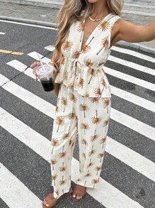 Serisse 2 Stücke/Set Damen Urlaubsresort Palmendruck Tiefer V-Ausschnitt Ärmellos Sommer Shirt und Hose Sommeroutfit für Damen Zweiteiler Damen Urlaubsoutfit Damen Strandoutfit für Sommer Urlaub Damen Resort Wear, Sommer Sets