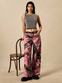 Easelle 女式枝形图案口袋宽松休闲百搭牛仔裤 - 粉色 - 查看 1